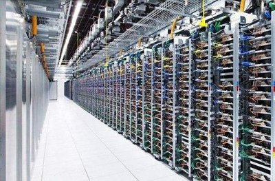 An overview of a bustling mining farm in the UK, showcasing rows of hosted rigs dedicated to cryptocurrencies like Litecoin